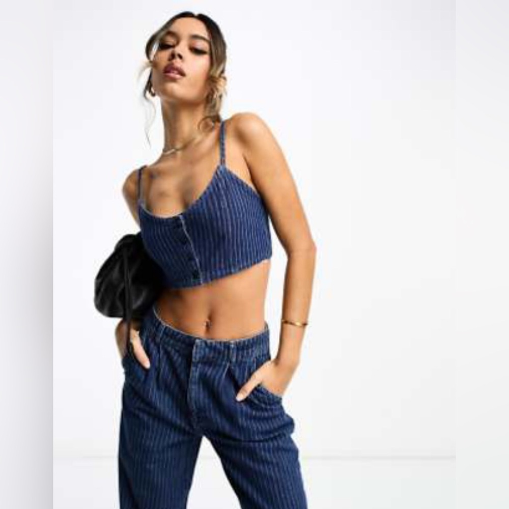 Blue Pinstripe Crop Top and Pants Set